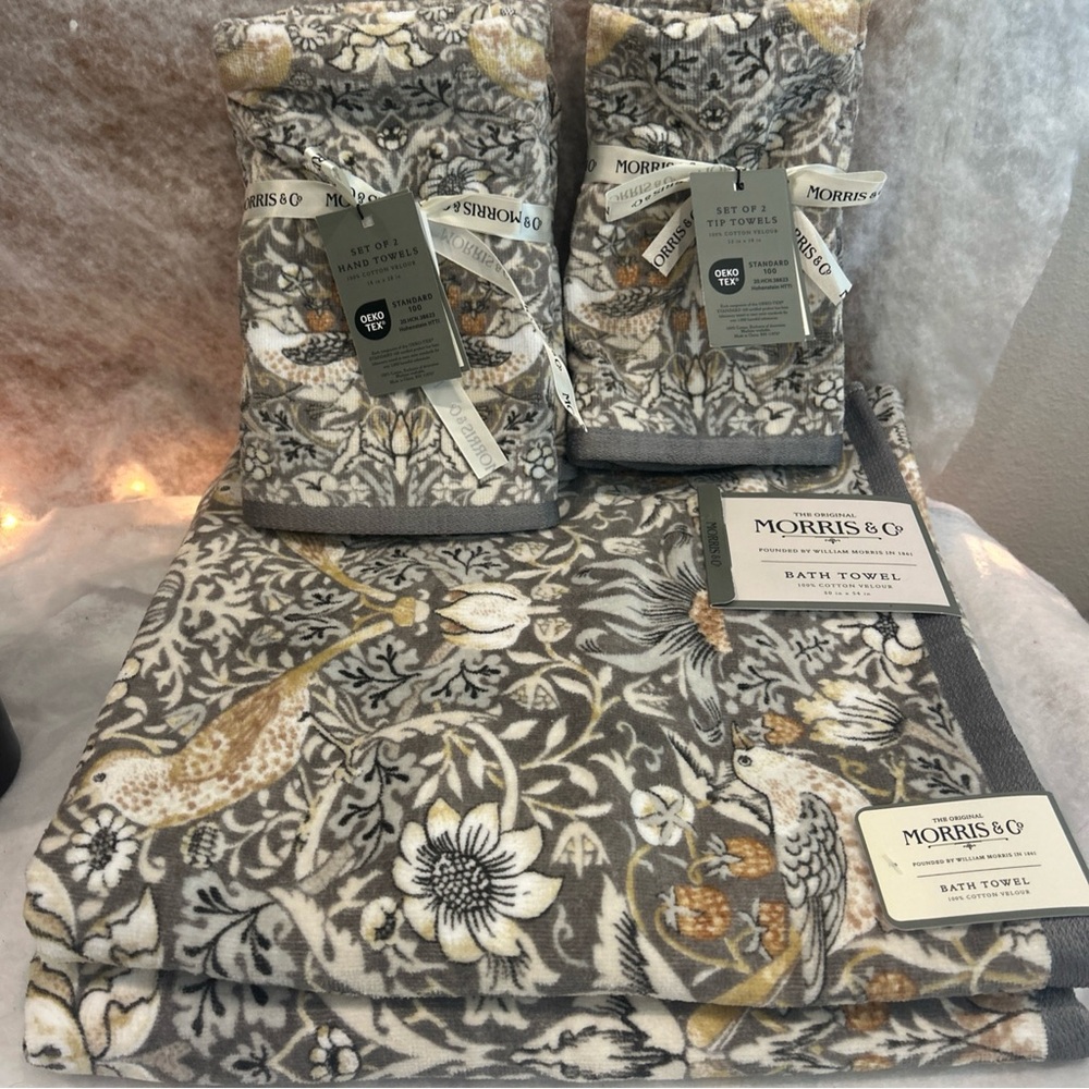 William Morris Strawberry Thief 6 Pc Floral Velour Bath Towel Set gray